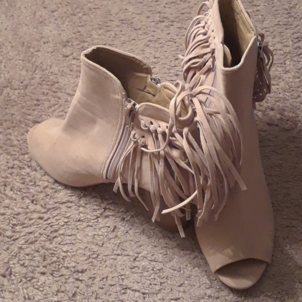 Tan suede booties with peep toe